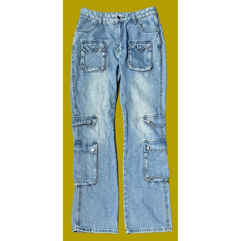 Vintage Y2K  Baggy Blue Multi Pocket Cargo Straight Leg Jeans Size 29x31